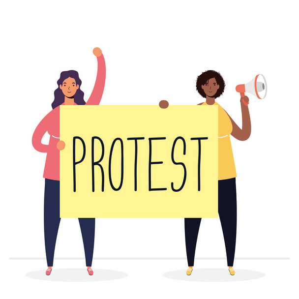 fajok közötti nők tiltakoznak megafonnal és plakát karakterekkel - Vektor, kép