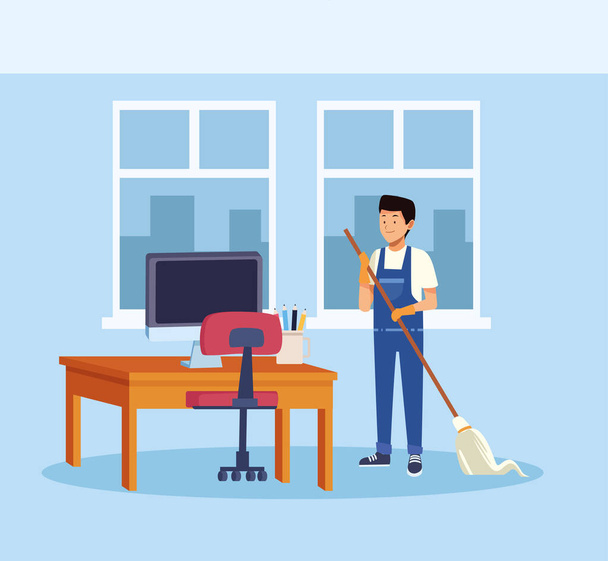 entretien ménager travailleur masculin avec nettoyage de la serpillière bureau - Vecteur, image