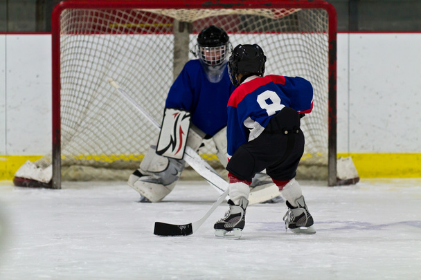 Jovem jogador de hóquei no gelo se prepara para atirar na net
 - Foto, Imagem