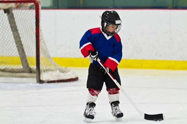παιδί πατινάζ με ένα ξωτικό χόκεϊ επί πάγου πρακτική - Φωτογραφία, εικόνα