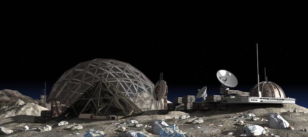3D Иллюстрация лунного форпоста с геодезическим куполом, в котором размещается вертикальная садовая пирамида, для исследования космоса, терраформирования и колонизации, или научная фантастика. - Фото, изображение