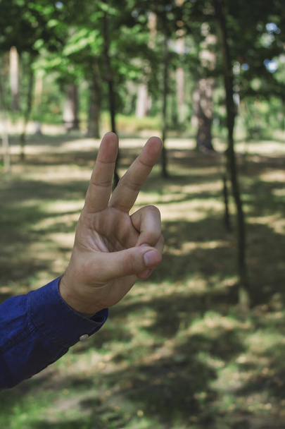Facet w niebieskiej koszuli pokazuje gesty w parku - Zdjęcie, obraz