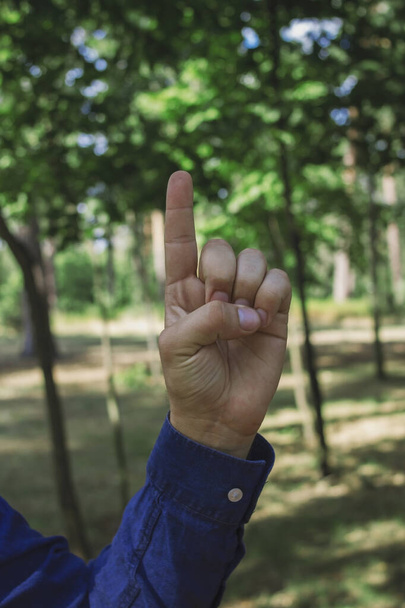 Guy in a blue shirt shows gestures in the park - Fotoğraf, Görsel