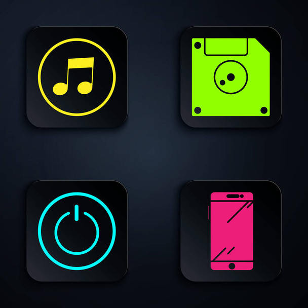 Set Smartphone, mobile phone, Music note, tone, Power button and Floppy disk for computer data storage. Black square button. Vector - Vettoriali, immagini