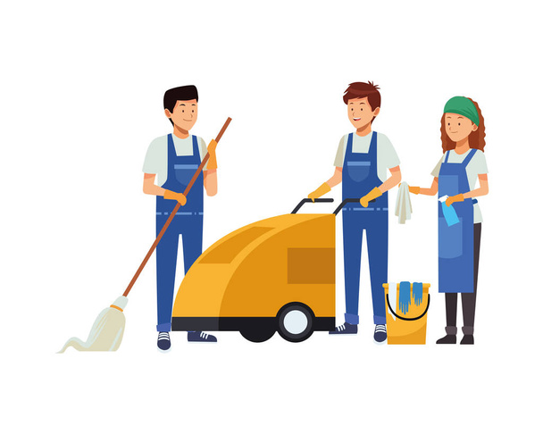 trabajadores del equipo de limpieza con herramientas de equipo - Vector, imagen