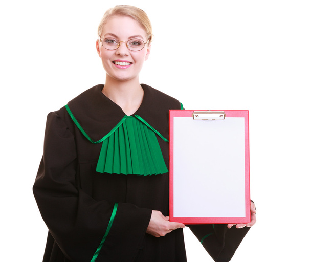 Woman lawyer attorney in classic polish gown holds clipboard blank sign - 写真・画像