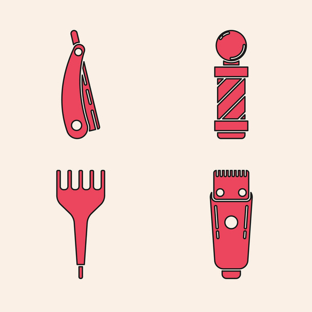 Set Elektrický střihač vlasů nebo holicí strojek, Rovný holicí strojek, Klasický holič shop tyč a Hairbrush ikona. Vektor - Vektor, obrázek