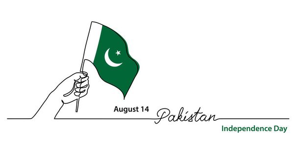 Día de la independencia de Pakistán banner web simple, fondo con bandera y mano. Dibujo de una línea continua con letras Pakistán - Vector, imagen