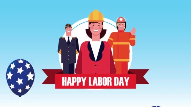 Ευτυχισμένος εορτασμός της ημέρας εργασίας με τη σημαία των ΗΠΑ σε μπαλόνια ήλιο και τους εργαζόμενους - Πλάνα, βίντεο