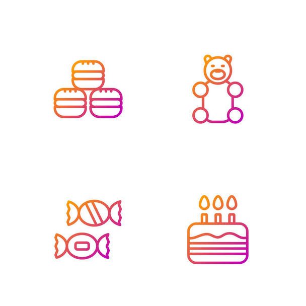Встановити лінію торта з вогняними свічками, Кенді, печиво Макарон і цукерки Джеллі. Градієнтні кольорові ікони. Вектор - Вектор, зображення
