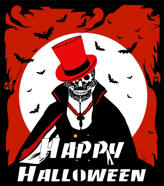 Felice Halloween Skull Dracula con chiaro di luna, pipistrelli e sfondo vettoriale gufo - Vettoriali, immagini