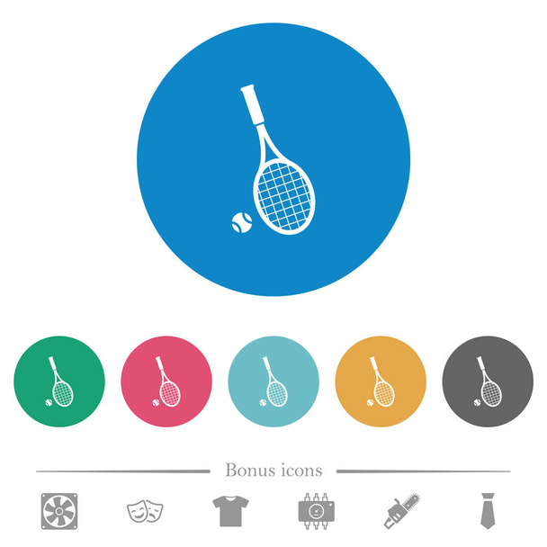 Tennis racket met bal platte witte pictogrammen op ronde kleur achtergronden. 6 bonus symbolen opgenomen. - Vector, afbeelding