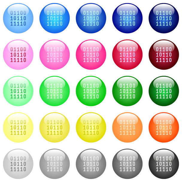 Icônes de code binaire dans un ensemble de 25 boutons sphériques brillants de couleur - Vecteur, image