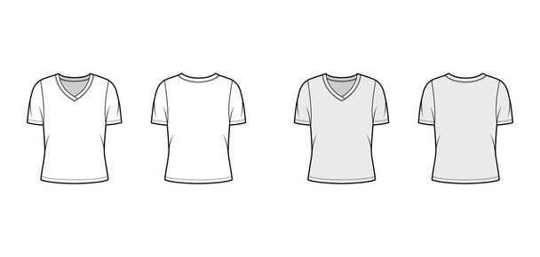 V-λαιμό φανέλα t-shirt τεχνική απεικόνιση της μόδας με κοντά μανίκια πλευρά, oversized σώμα.  - Διάνυσμα, εικόνα