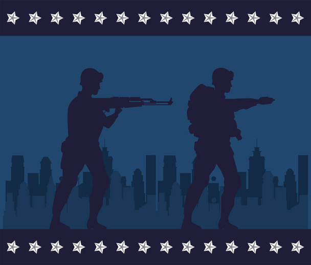soldaten figuren silhouetten in stadsgezicht scène - Vector, afbeelding