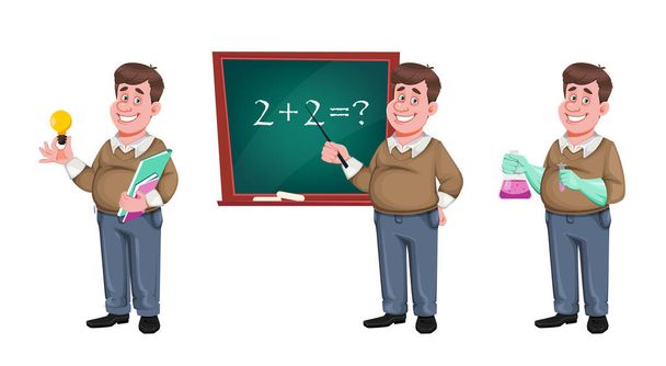 Back to school. Cheerful male teacher, set of three poses. Handsome teacher cartoon character. Vector illustration isolated on white background - Vector, Image