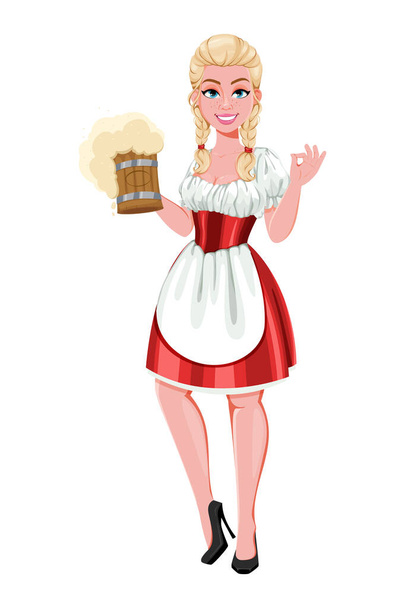Niemka w tradycyjnym kostiumie na Oktoberfest. Piękna postać z kreskówki serwująca piwo. Ilustracja wektora na białym tle - Wektor, obraz