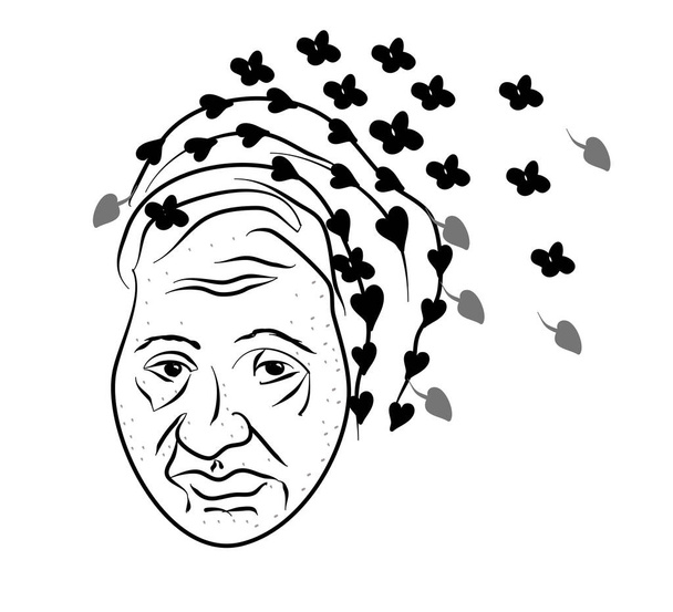 Vanha nainen, kukkia ja lehtiä hiuksineen. Käsin piirtäminen, isoäiti ja nuori käsitys elämästä - Vektori, kuva