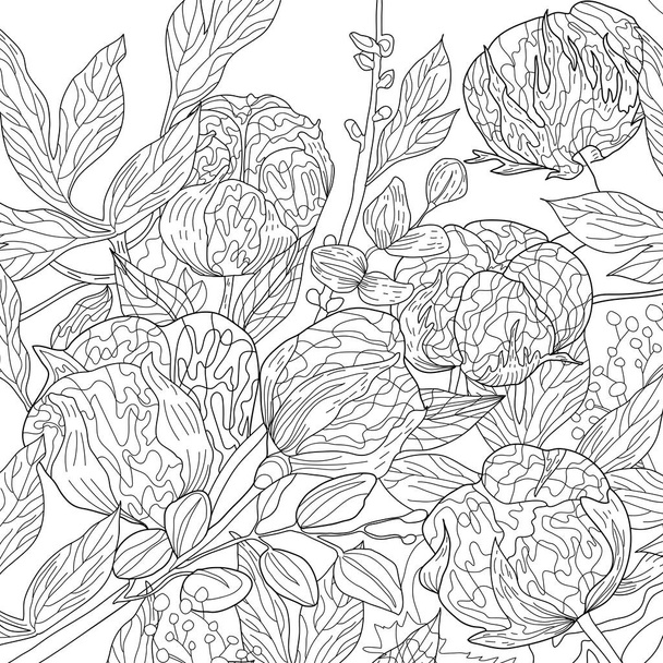 black white Seamless texture with floral pattern, Coloring illustration with flowers  - Zdjęcie, obraz
