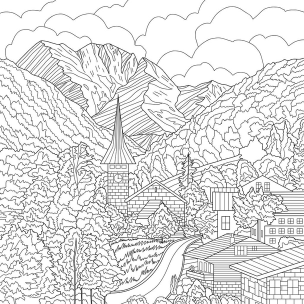 Coloring illustration picture with mountains landscape and village houses - Zdjęcie, obraz