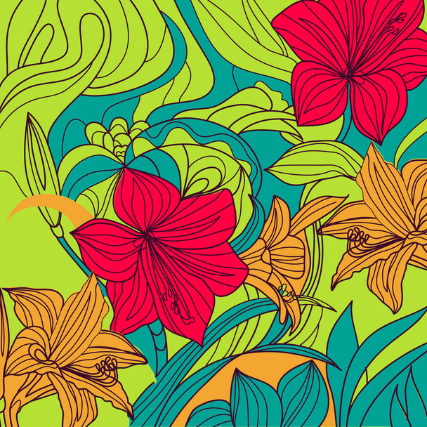 Lily flowers, bright colorful Seamless texture with floral pattern background - Фото, изображение