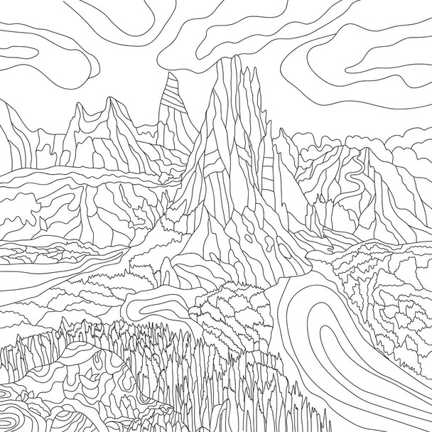 Coloring illustration picture with mountains landscape  - Zdjęcie, obraz