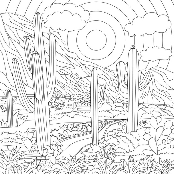 Coloring illustration picture with mountains landscape and sun, cactus plants in meadow  - Fotografie, Obrázek