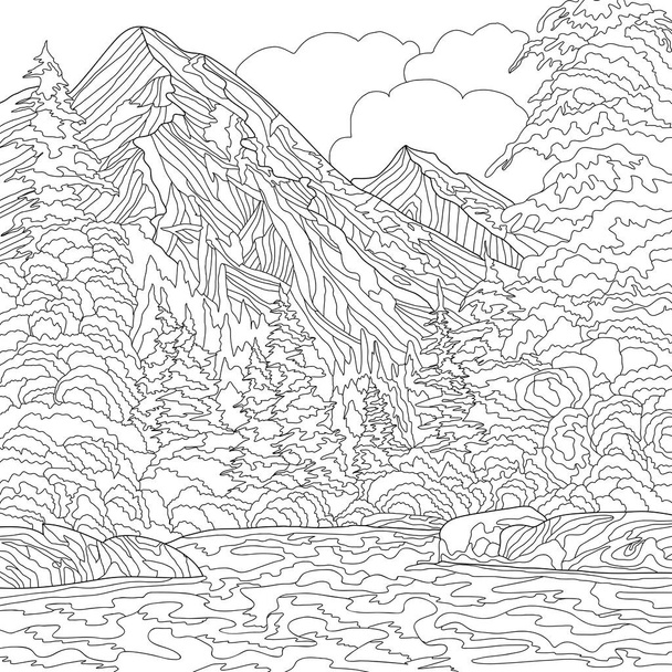 Coloring illustration picture with mountains landscape  - Фото, изображение