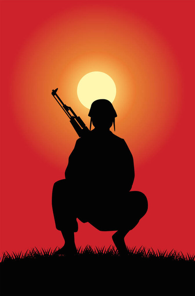soldato con figura di fucile silhouette sulla scena del tramonto - Vettoriali, immagini