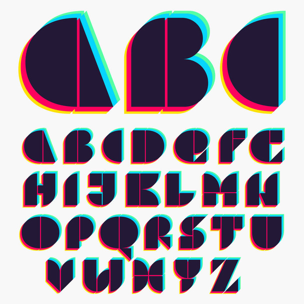 Alphabet with stereo effect. Vibrant glossy colors font perfect to use in any disco labels, dj logos, electromusic posters, bright identity, etc. - Διάνυσμα, εικόνα