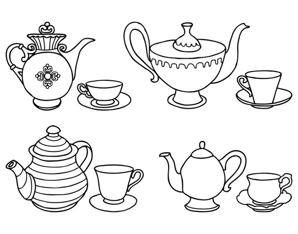 Outline drawings of various tea pots and tea cups - Vector, Image