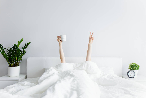 good morning and relaxation concept - female hands with coffee cup and victory sign sticking out from the blanket at home or hotel - Foto, imagen