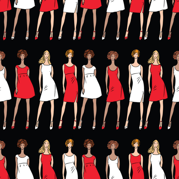 Seamless pattern of sketches fashionable slim women in red and white dresses - Wektor, obraz