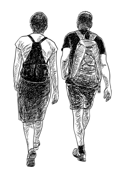 Bosquejo de un par de turistas con mochilas caminando por la calle - Vector, imagen