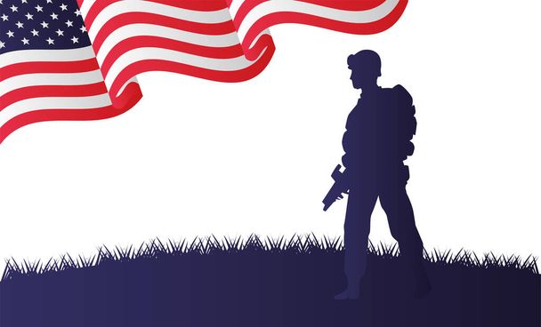 soldaat met geweer figuur silhouet in de VS vlag achtergrond - Vector, afbeelding