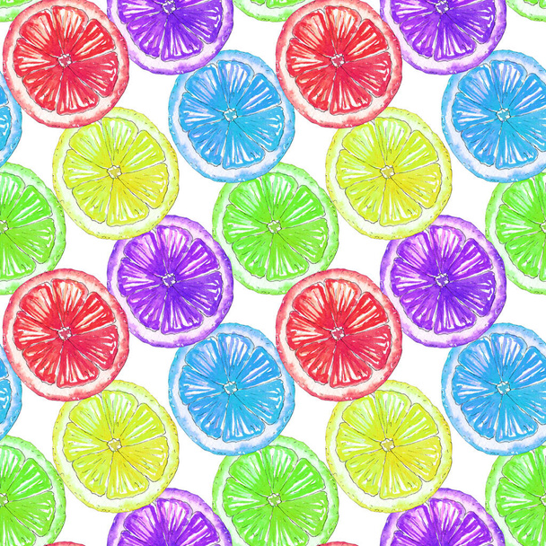 Seamless pattern, watercolor colorful citrus slices. - Photo, Image
