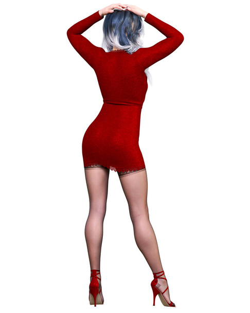 Beautiful woman red short evening mini dress and black stockings.Summer clothes collection.Bright makeup.Woman studio photography.Conceptual fashion art.Seductive candid pose.Femme fatale.3D Render. - Fotó, kép