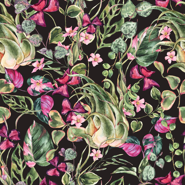 Akvarel květinové tropické listy bezešvé vzor. Botanická letní textura. Letní rostliny. Přírodní exotické květiny tapety na černém pozadí - Fotografie, Obrázek
