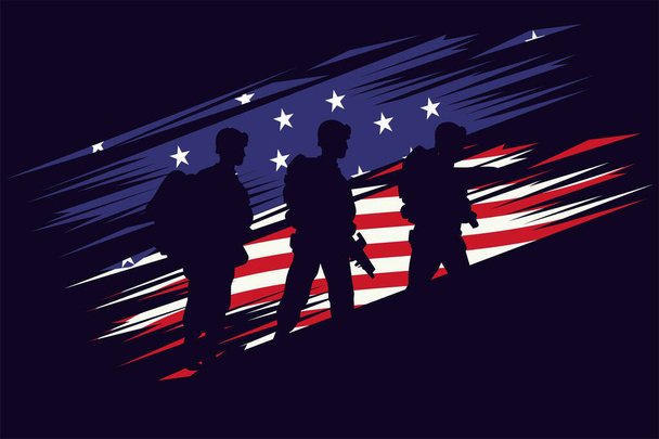soldados figuras silhuetas em EUA bandeira fundo
 - Vetor, Imagem