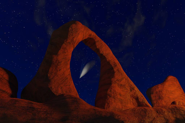 Comète dans le ciel, vue à travers la roche orange - Photo, image