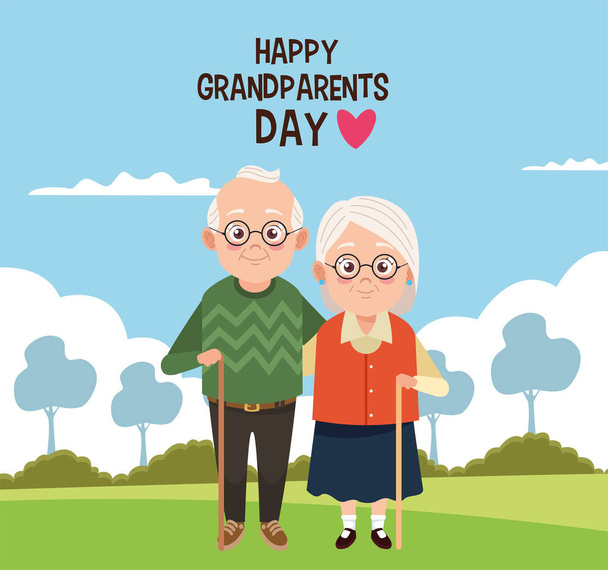 šťastný prarodiče den karta se starým párem v kempu - Vektor, obrázek
