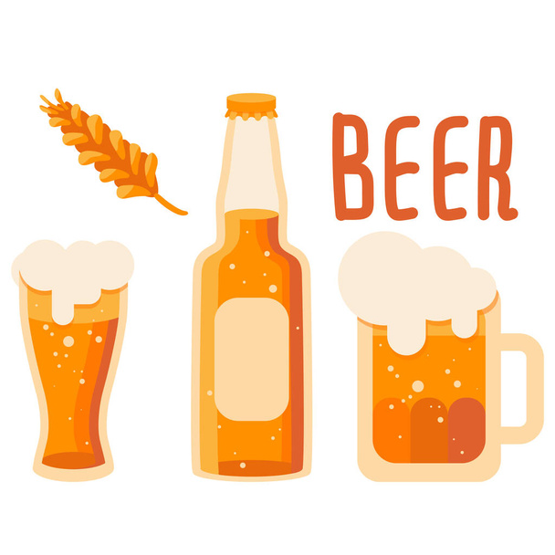 Wheat and mug of beer on white isolated backdrop. Bottle of beer for invitation or gift card, notebook, craft beer shop logo, scrapbook. Phone case or cloth print. Flat style stock vector illustration - Вектор, зображення