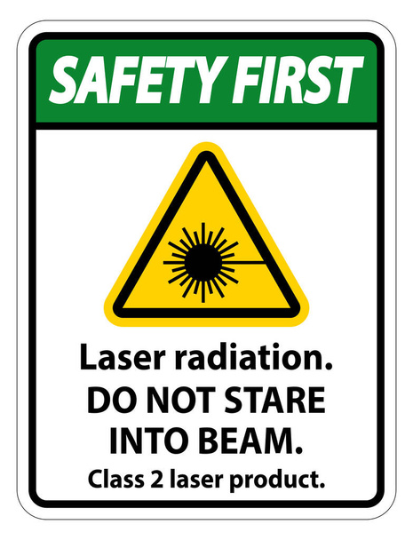 Ασφάλεια Πρώτη ακτινοβολία λέιζερ, δεν κοιτάζουν σε ακτίνα, κατηγορία 2 προϊόν λέιζερ Εγγραφείτε σε λευκό φόντο  - Διάνυσμα, εικόνα