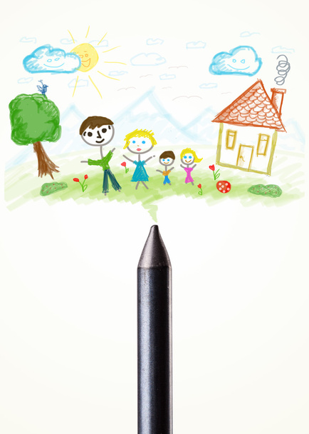 Crayon close-up com um desenho de uma família
 - Foto, Imagem