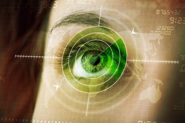 Cyber woman with modern military target eye - Foto, imagen