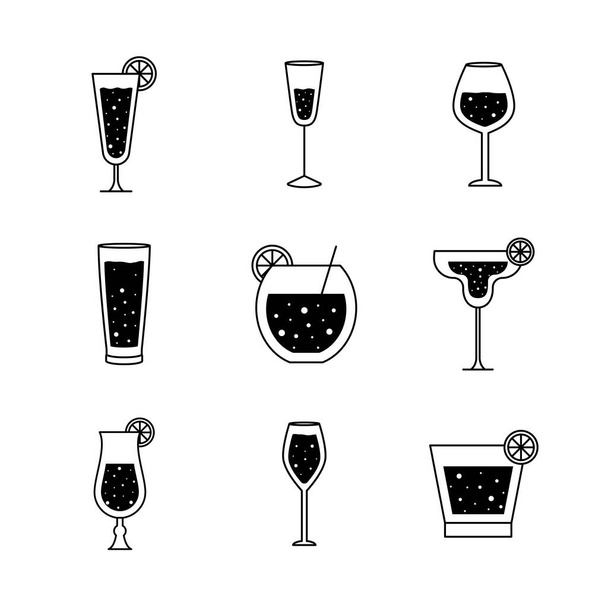 Cocktails Gläser Tassen Silhouette Stil Ikone Set Vektor-Design - Vektor, Bild