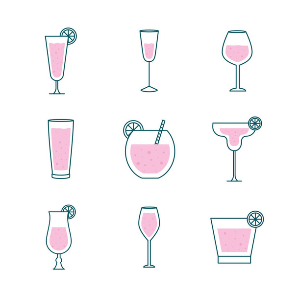 Линия коктейльных стаканов и векторный набор значков стиля - Вектор,изображение
