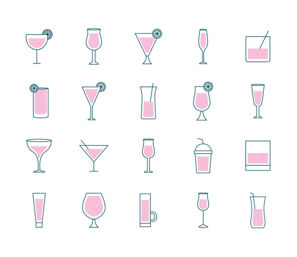 Коктейльные бокалы, стаканчики и наполнители в стиле векторного дизайна - Вектор,изображение