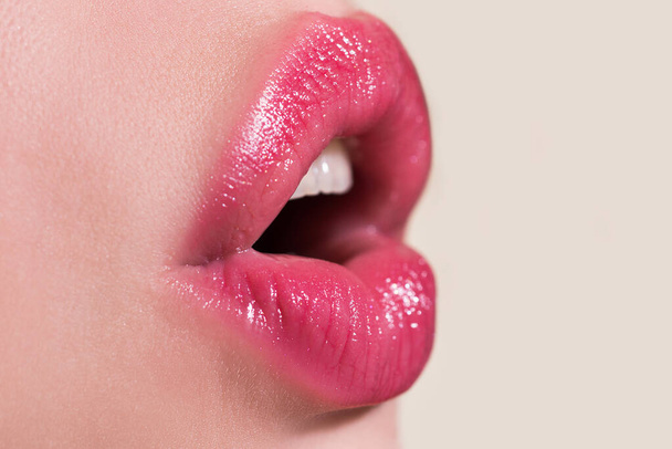 Passion and sensuality lips. Sensual girl sucking. - Фото, изображение