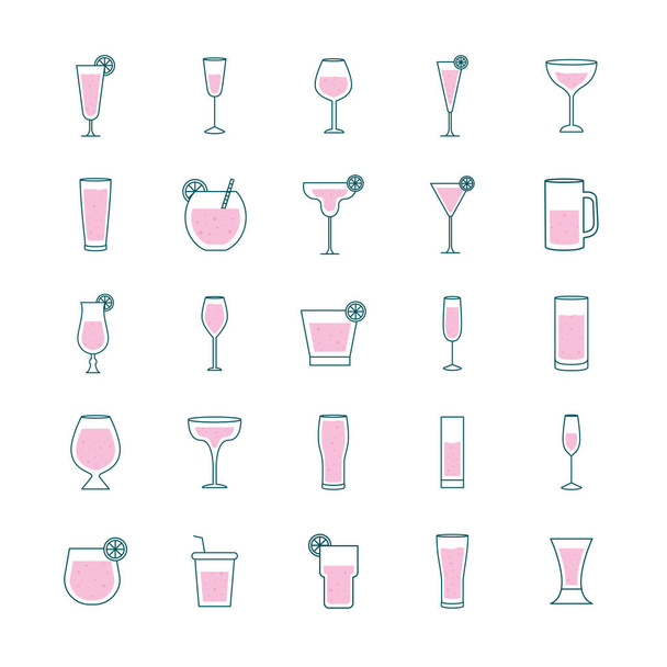 Cocktails Gläser Tassen Linie und füllen Stil-Symbole Gruppe Vektor-Design - Vektor, Bild